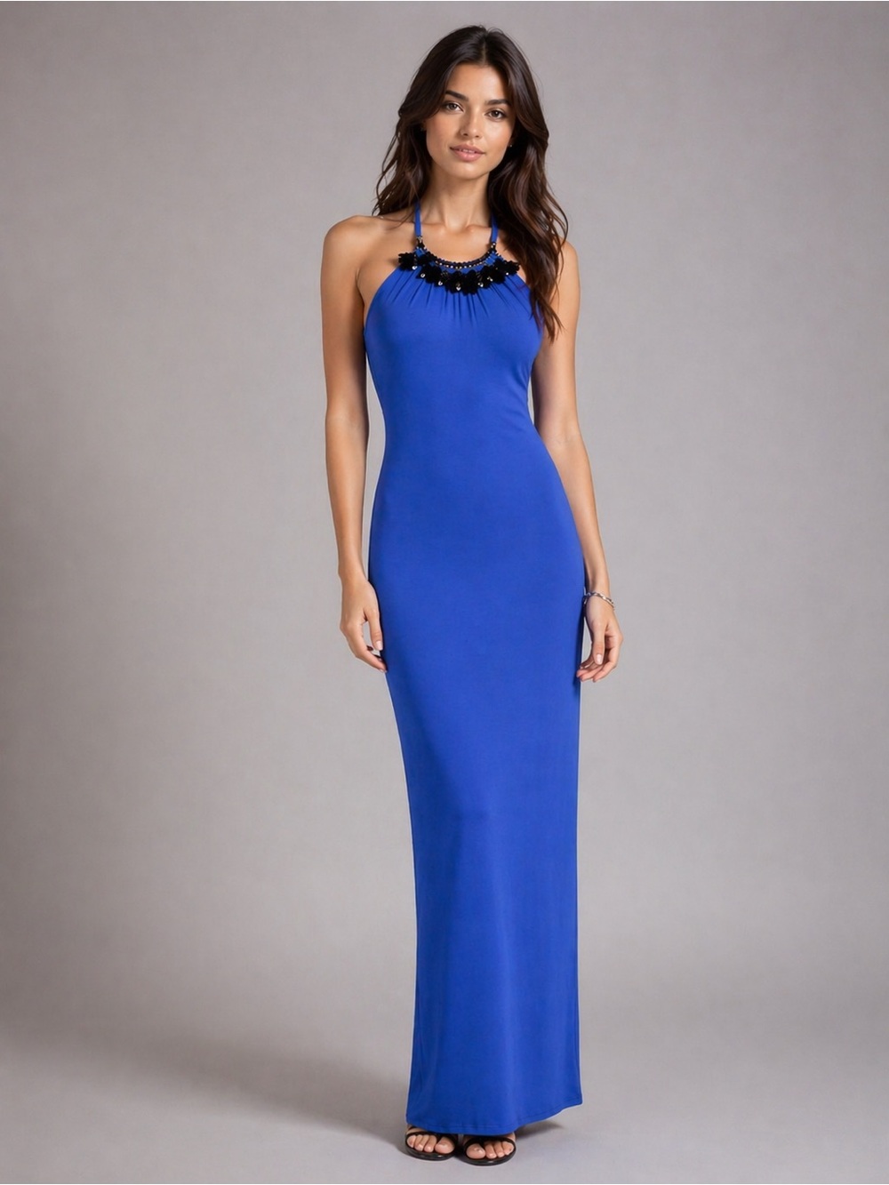 NWT Bebe blue electric necklace halter dress S